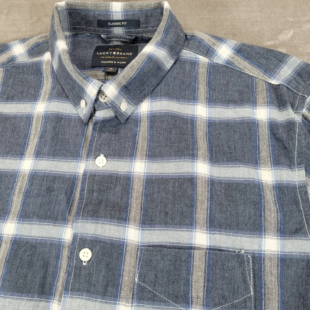Lucky Brand Mens Medium Blue White Plaid Classic Fit Button Up Shirt Washed Worn